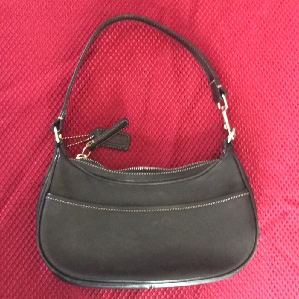 Coach Purse Black Leather Small White Stitch
